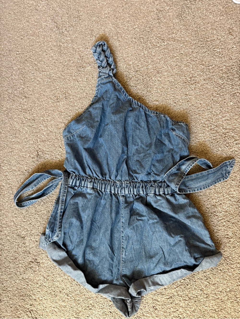 Free People Denim One-Shoulder Romper